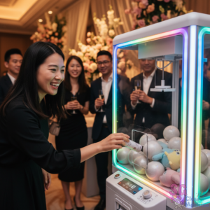 Crowded exhibition hall with prize crane machine drawing attention